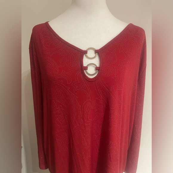 Amana Red and Gold Rhinestone Paisley Pattern Tunic Flowy Elegant Blouse Size 2X - Picture 2 of 7